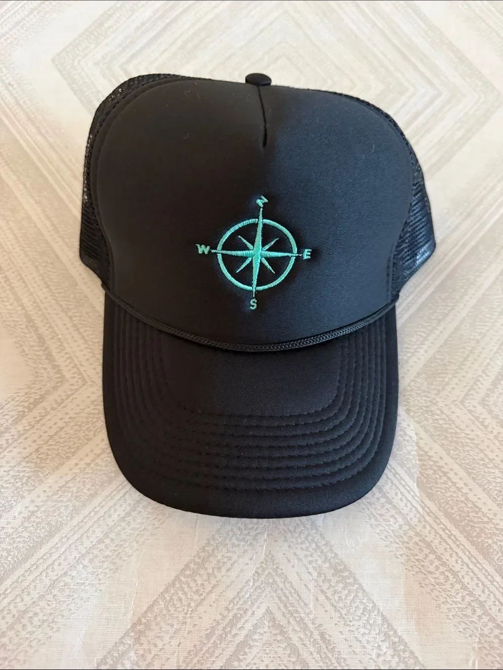 Black Trucker Hat with Teal Compass Logo Snapback Mesh Back Cap